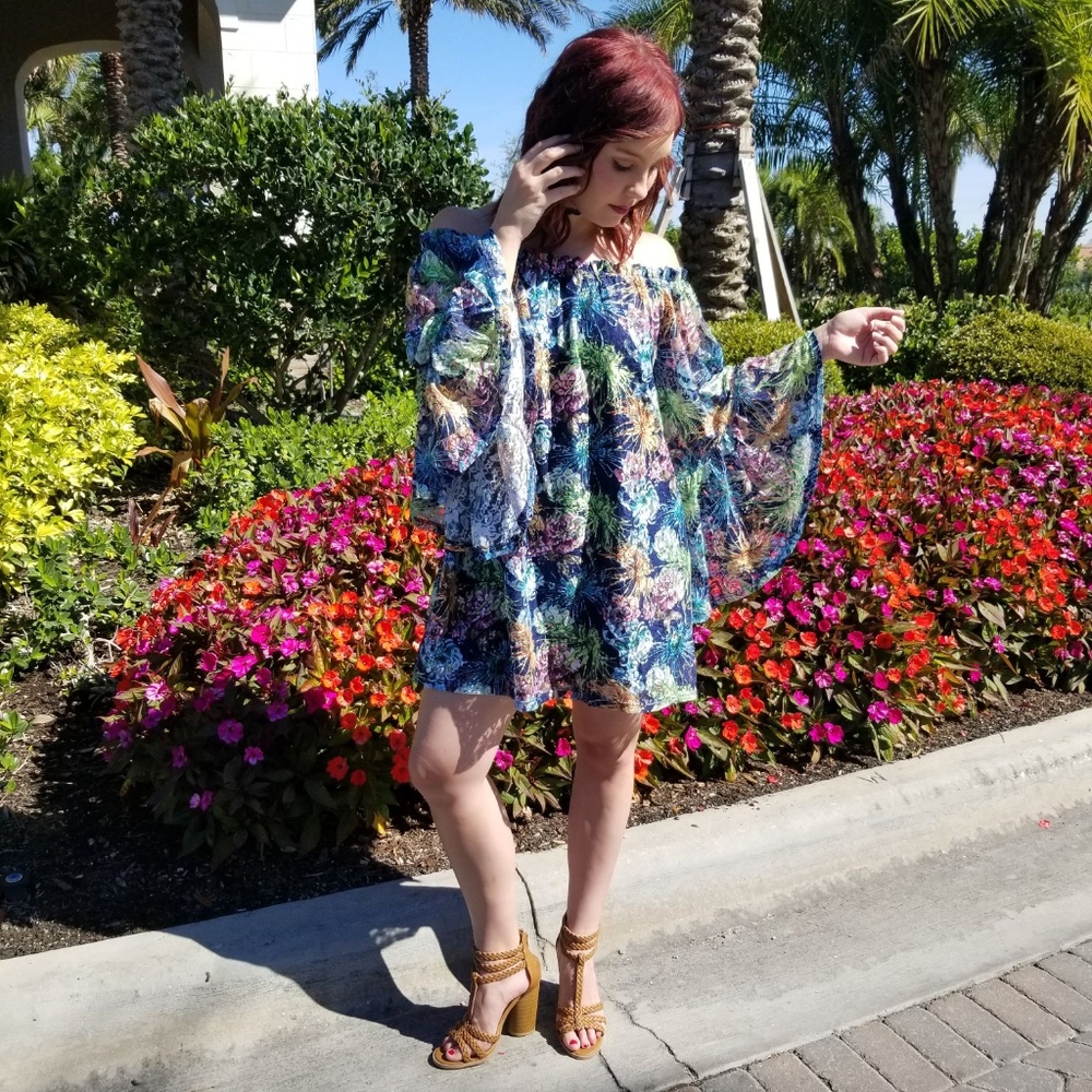 Navy Floral Abstract Print Off Shoulder Dress - Picture 4 of 4